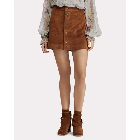 NWT Polo Ralph Lauren Buttoned Suede Mini skirt Brown Suede - Size 2 (XS)